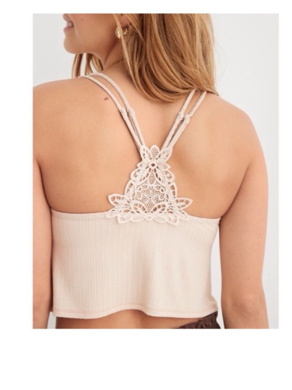 Aerie Ribbed Lace-Back Cropped Tank Top - Light Beige M NWT